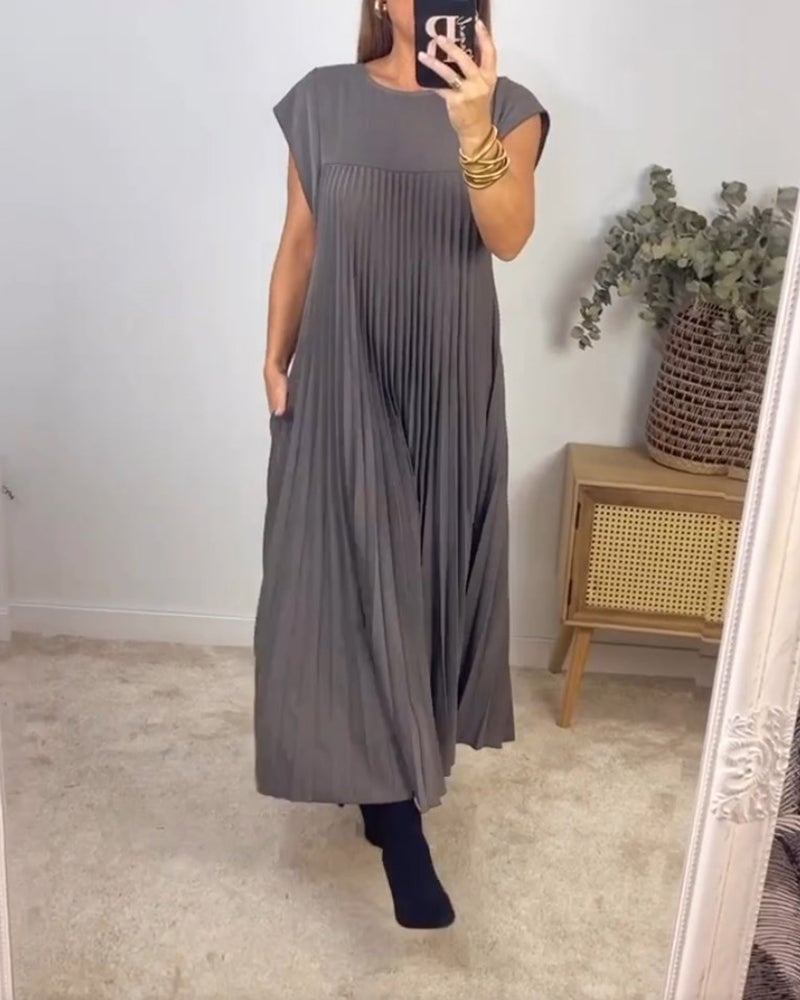 Damen Sommer Kurzen Ärmeln Maxikleid mit Falten