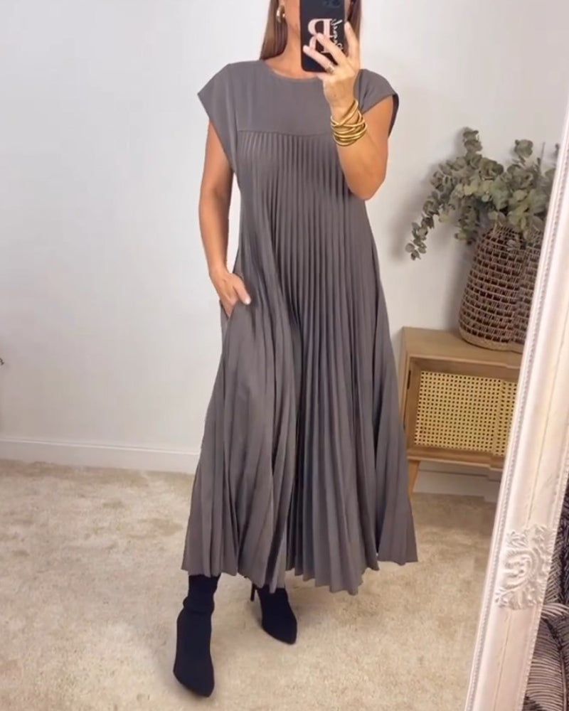 Damen Sommer Kurzen Ärmeln Maxikleid mit Falten