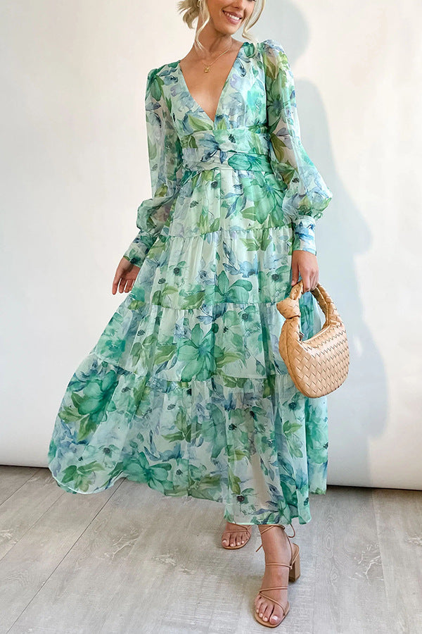 Damen Sommer-Wickelkleid mit V-Ausschnitt und langen Ärmeln