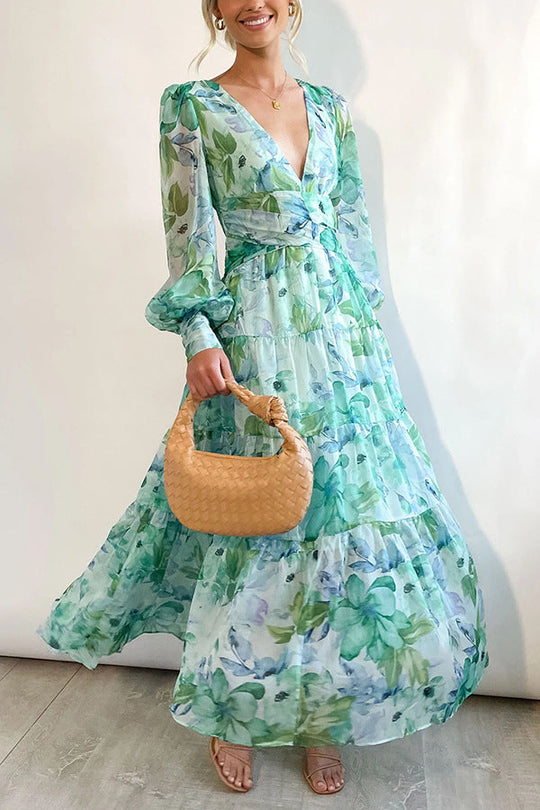 Damen Sommer-Wickelkleid mit V-Ausschnitt und langen Ärmeln