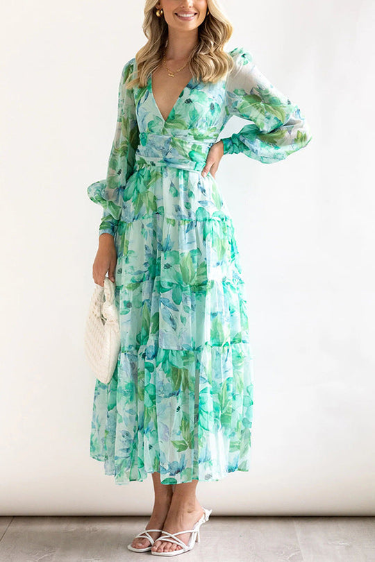 Damen Sommer-Wickelkleid mit V-Ausschnitt und langen Ärmeln