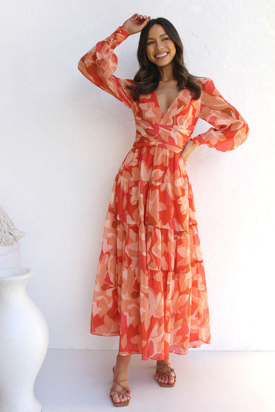 Damen Sommer-Wickelkleid mit V-Ausschnitt und langen Ärmeln