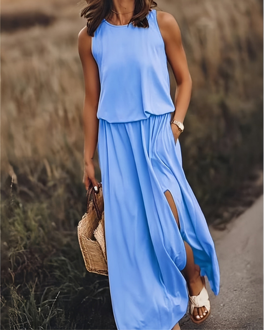 Damen Sommer Maxikleid mit Schlitz | Ärmelloses Kleid mit Taschen und Rundhals