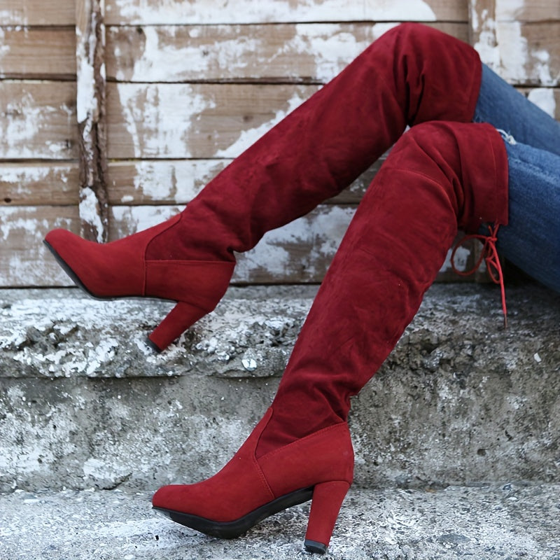 Overknee Stiefel Damen | Slip-On mit Bindung und Blockabsatz