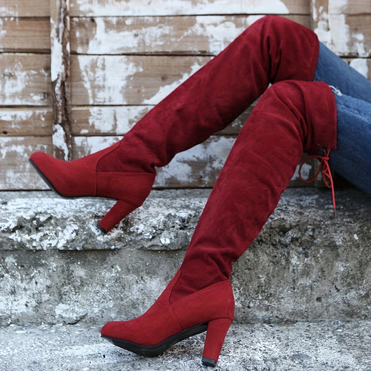 Overknee Stiefel Damen | Slip-On mit Bindung und Blockabsatz