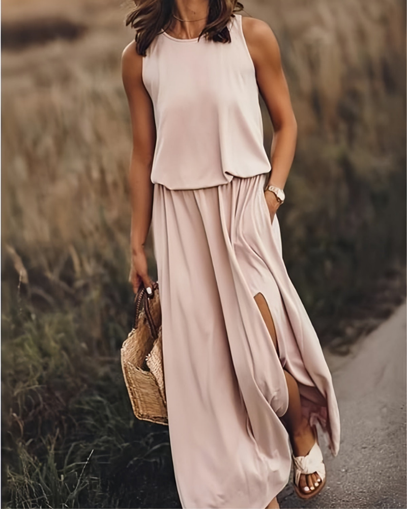 Damen Sommer Maxikleid mit Schlitz | Ärmelloses Kleid mit Taschen und Rundhals