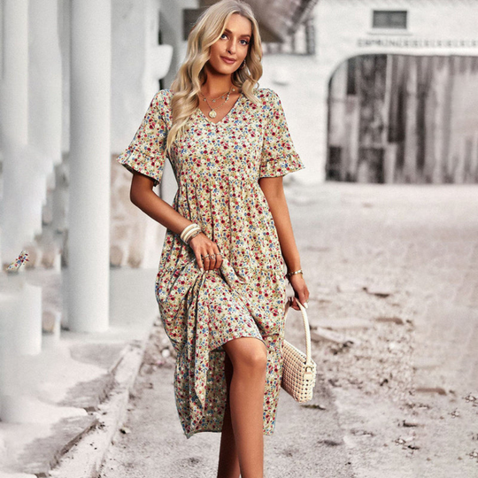 Damen Blumenkleid Midi | Sommerkleid mit V-Ausschnitt und kurzen Ärmeln