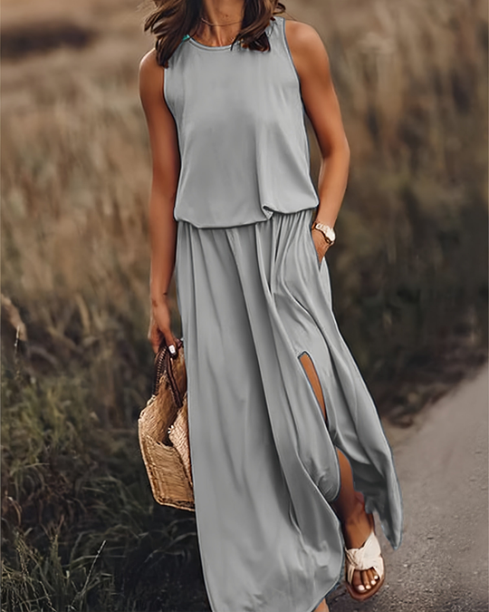 Damen Sommer Maxikleid mit Schlitz | Ärmelloses Kleid mit Taschen und Rundhals