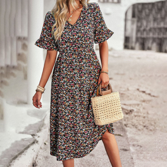 Damen Blumenkleid Midi | Sommerkleid mit V-Ausschnitt und kurzen Ärmeln