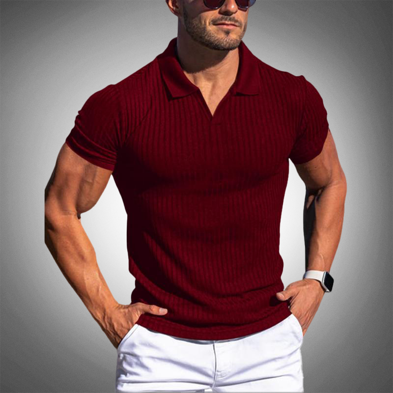 Muskelbetontes V-Ausschnitt Strick-Poloshirt für Herren