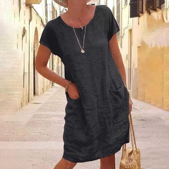 Damen Sommerkleid Kurzarm | Leichtes Freizeitkleid mit Rundhals und Taschen