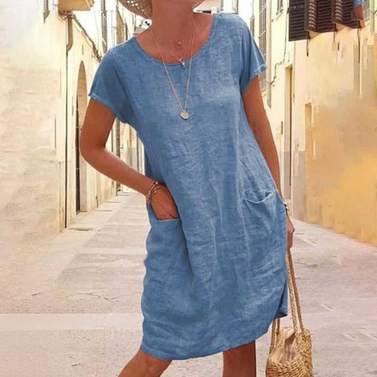 Damen Sommerkleid Kurzarm | Leichtes Freizeitkleid mit Rundhals und Taschen