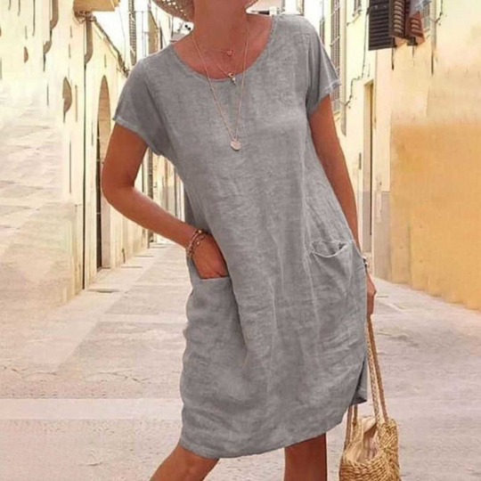 Damen Sommerkleid Kurzarm | Leichtes Freizeitkleid mit Rundhals und Taschen