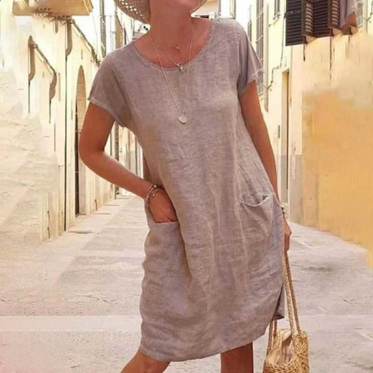 Damen Sommerkleid Kurzarm | Leichtes Freizeitkleid mit Rundhals und Taschen