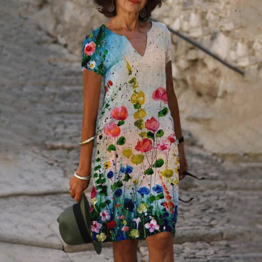 Damen Sommerkleid Midi | Freizeitkleid mit Blumenmuster und V-Ausschnitt