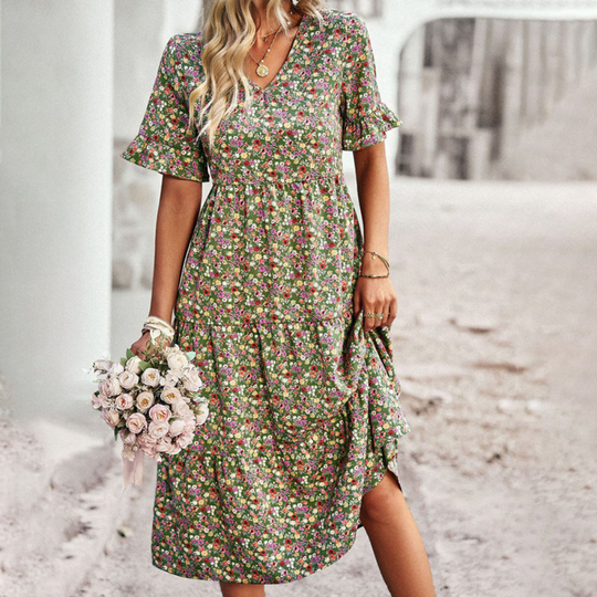 Damen Blumenkleid Midi | Sommerkleid mit V-Ausschnitt und kurzen Ärmeln
