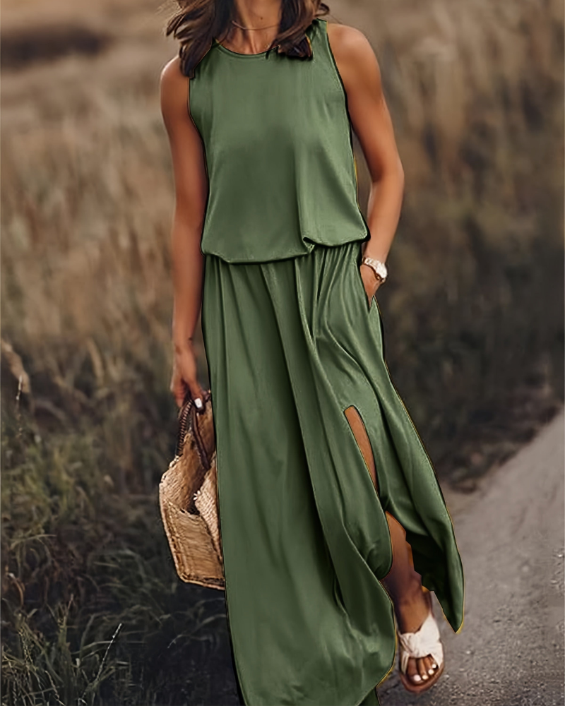 Damen Sommer Maxikleid mit Schlitz | Ärmelloses Kleid mit Taschen und Rundhals