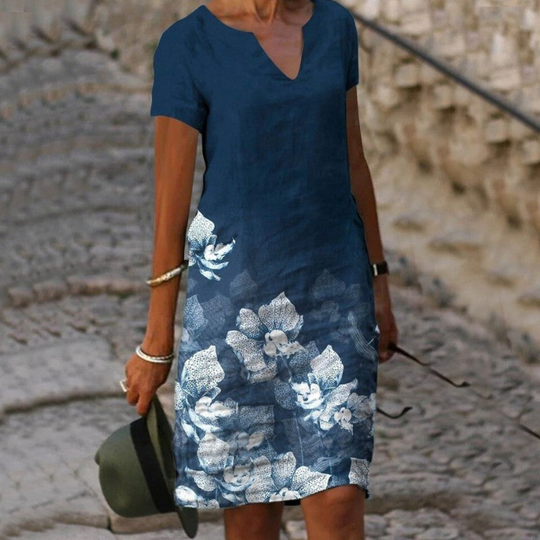 Damen Sommerkleid Midi | Freizeitkleid mit Blumenmuster und V-Ausschnitt