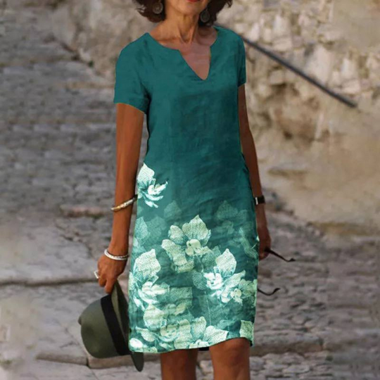 Damen Sommerkleid Midi | Freizeitkleid mit Blumenmuster und V-Ausschnitt