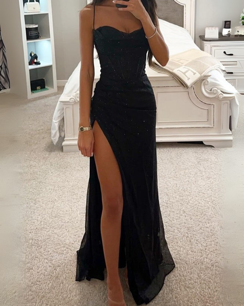 Damen Glamouröses Maxikleid | Festlich mit Pailletten und Wasserfallausschnitt