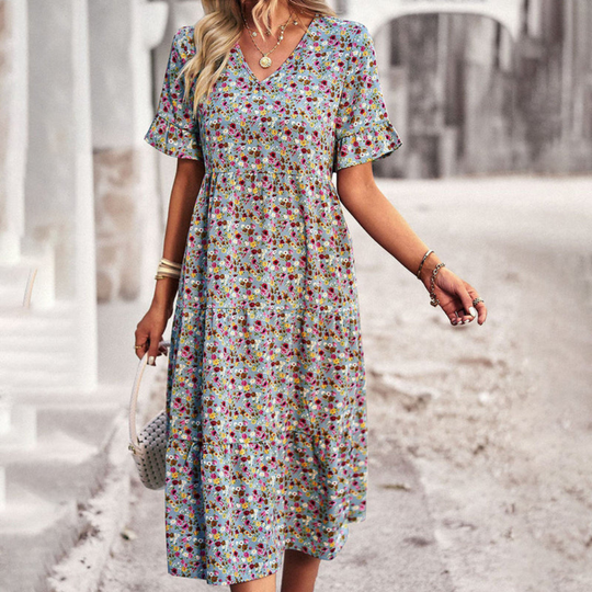 Damen Blumenkleid Midi | Sommerkleid mit V-Ausschnitt und kurzen Ärmeln