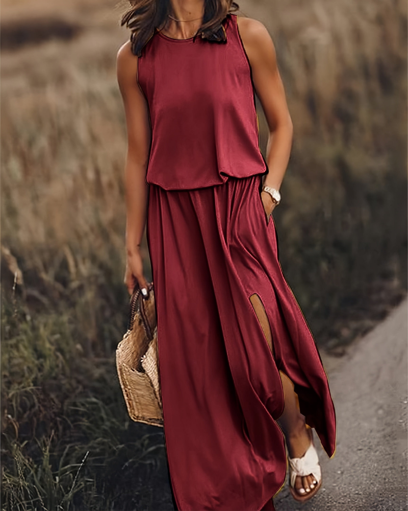Damen Sommer Maxikleid mit Schlitz | Ärmelloses Kleid mit Taschen und Rundhals