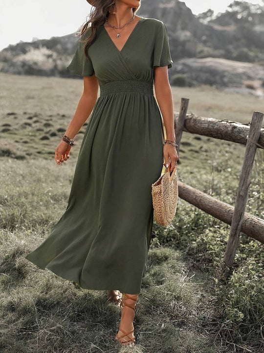 V-Ausschnitt Maxikleid mit Gesmokter Taille für Damen