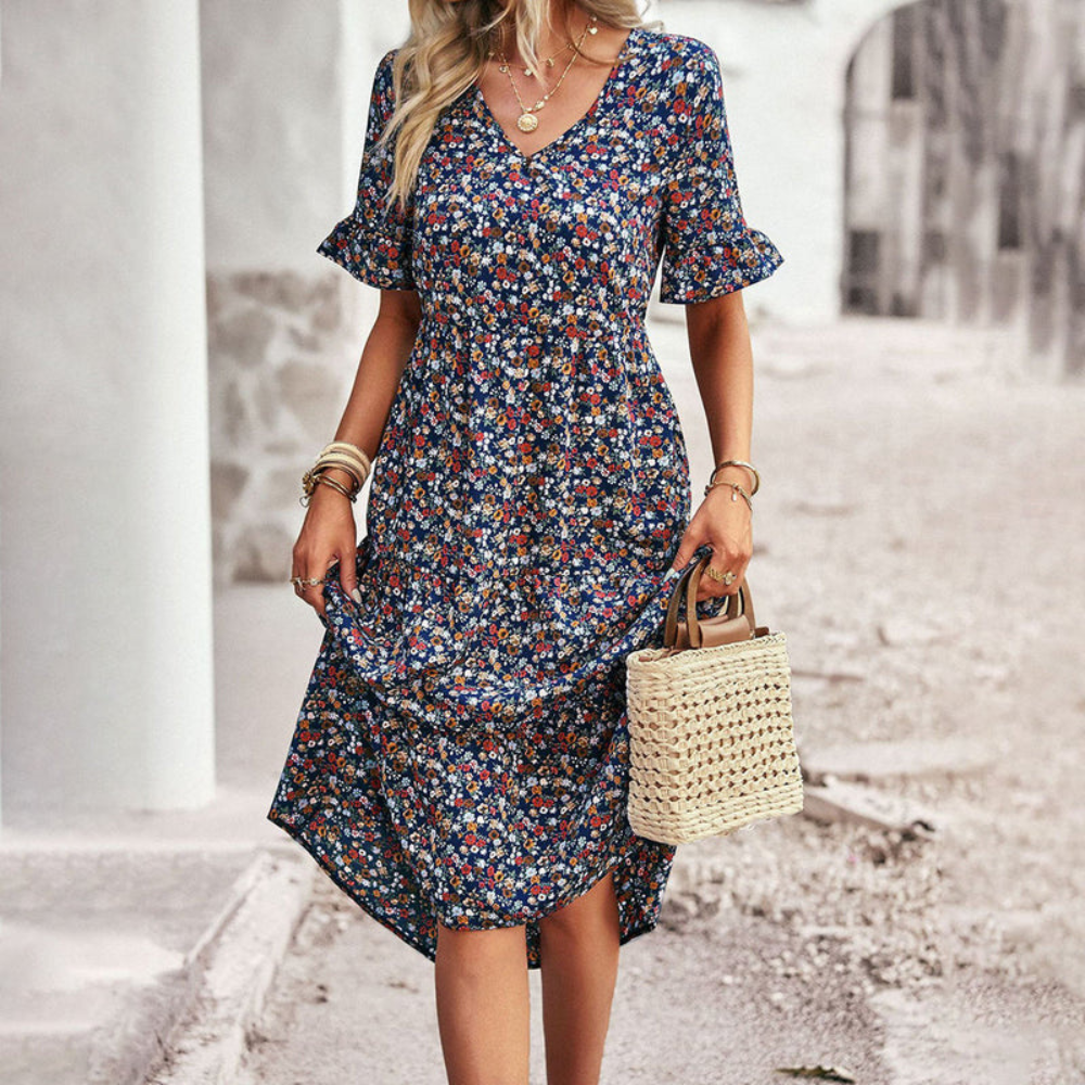 Damen Blumenkleid Midi | Sommerkleid mit V-Ausschnitt und kurzen Ärmeln