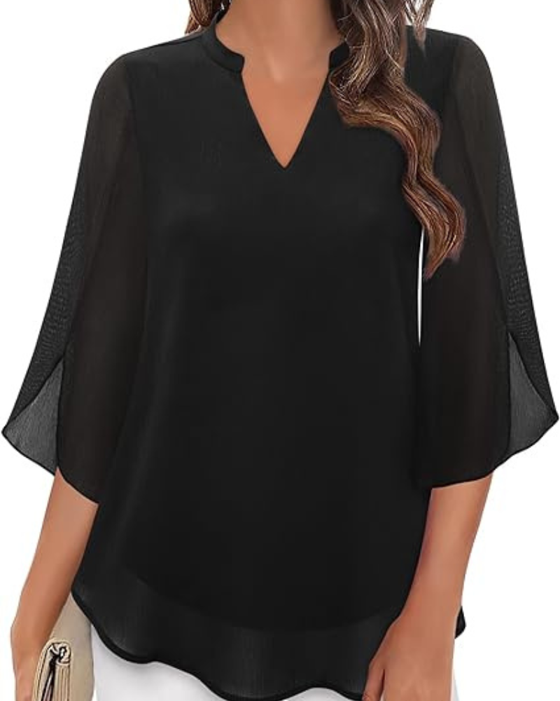 Damen Bluse Elegant | Lockere Tunika mit 3/4-Ärmeln und V-Ausschnitt