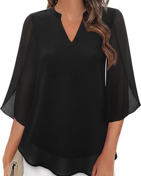 Damen Bluse Elegant | Lockere Tunika mit 3/4-Ärmeln und V-Ausschnitt