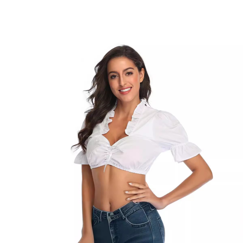 Damen Weiß Bluse Dirndl Oktoberfest | Hochgeschlossen mit Rüschen
