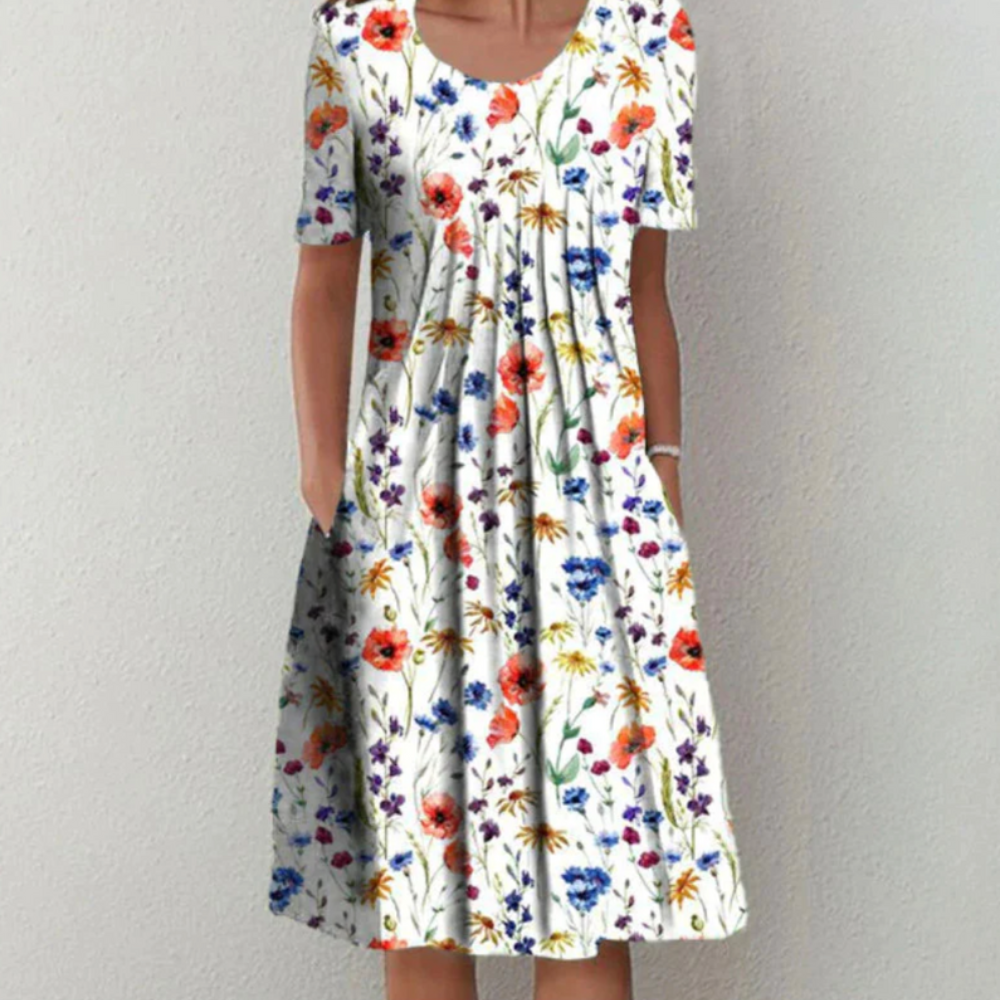 Damen Sommerkleid Casual | Midikleid mit Faltenwurf und Taschen