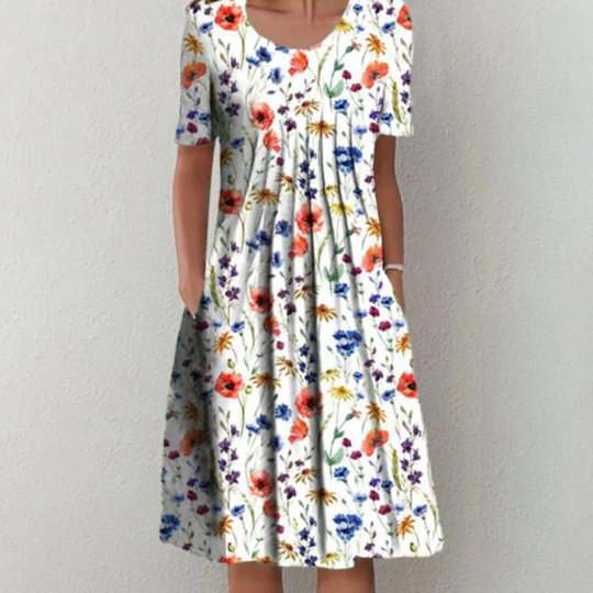 Damen Sommerkleid Casual | Midikleid mit Faltenwurf und Taschen