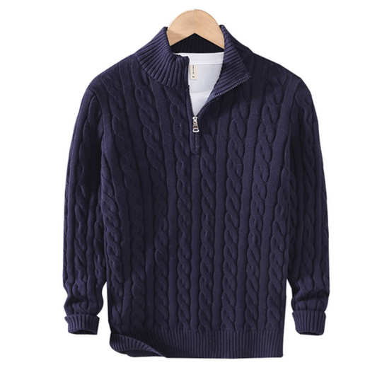 Herren Strickpullover mit Zopfmuster | Halbzip Rollkragen