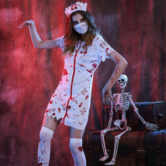 Damen Halloween Kostümkleid | Kurzarm Kleid mit Reißverschluss und Blutfleckendesign