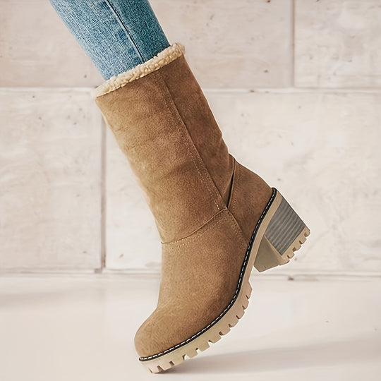 Winterschuhe Damen Stiefel | Knöchelhoch Slip-On mit Blockabsatz