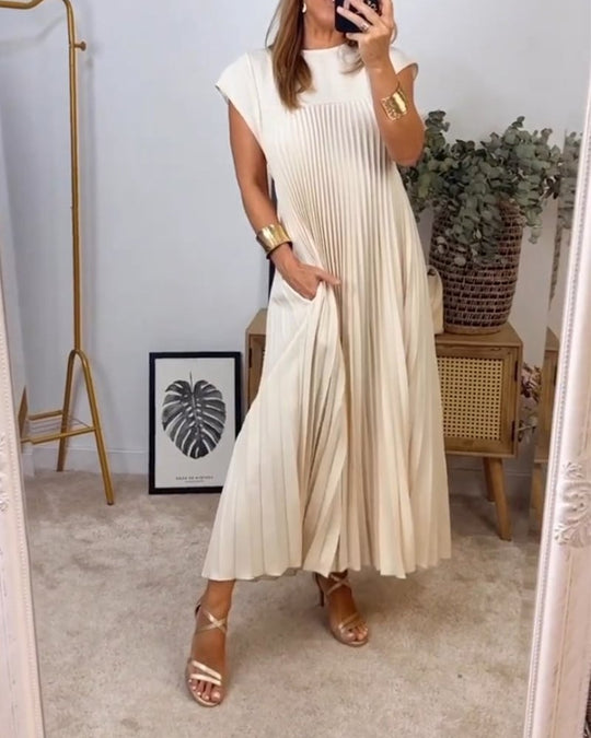 Damen Sommer Kurzen Ärmeln Maxikleid mit Falten