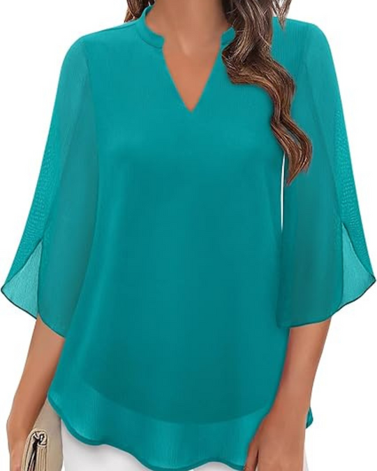Damen Bluse Elegant | Lockere Tunika mit 3/4-Ärmeln und V-Ausschnitt