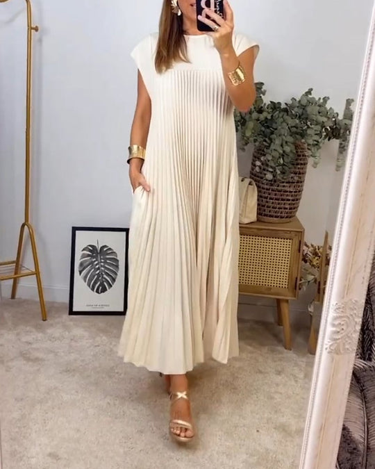 Damen Sommer Kurzen Ärmeln Maxikleid mit Falten