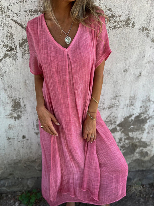 Damen Sommer Kurzen Ärmeln Maxi Leinenkleid mit V-Ausschnitt