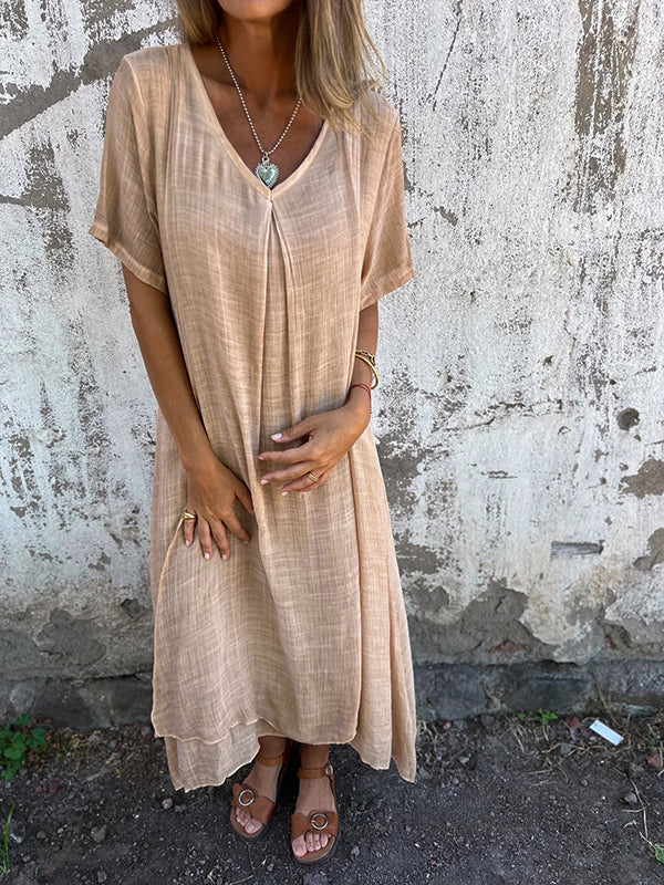 Damen Sommer Kurzen Ärmeln Maxi Leinenkleid mit V-Ausschnitt