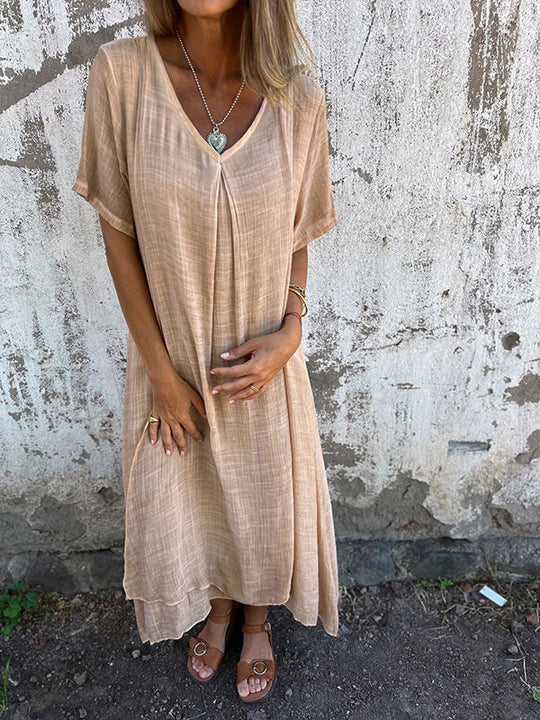 Damen Sommer Kurzen Ärmeln Maxi Leinenkleid mit V-Ausschnitt