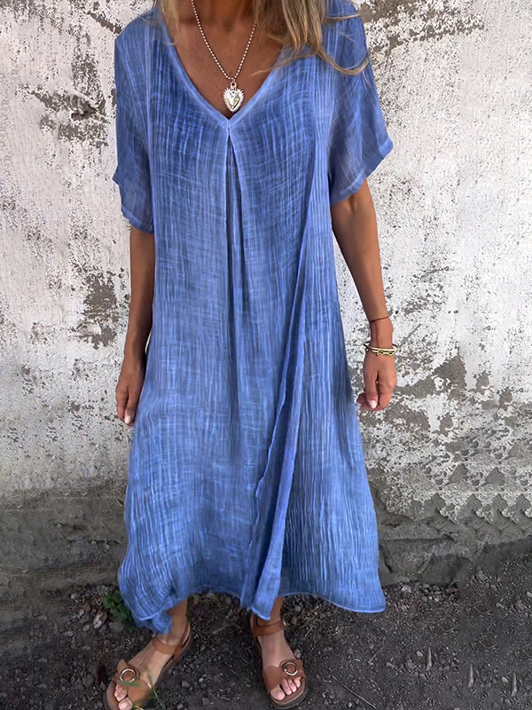 Damen Sommer Kurzen Ärmeln Maxi Leinenkleid mit V-Ausschnitt