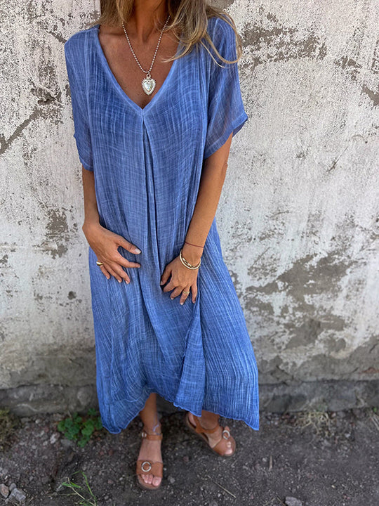 Damen Sommer Kurzen Ärmeln Maxi Leinenkleid mit V-Ausschnitt