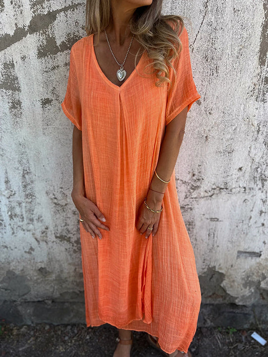 Damen Sommer Kurzen Ärmeln Maxi Leinenkleid mit V-Ausschnitt