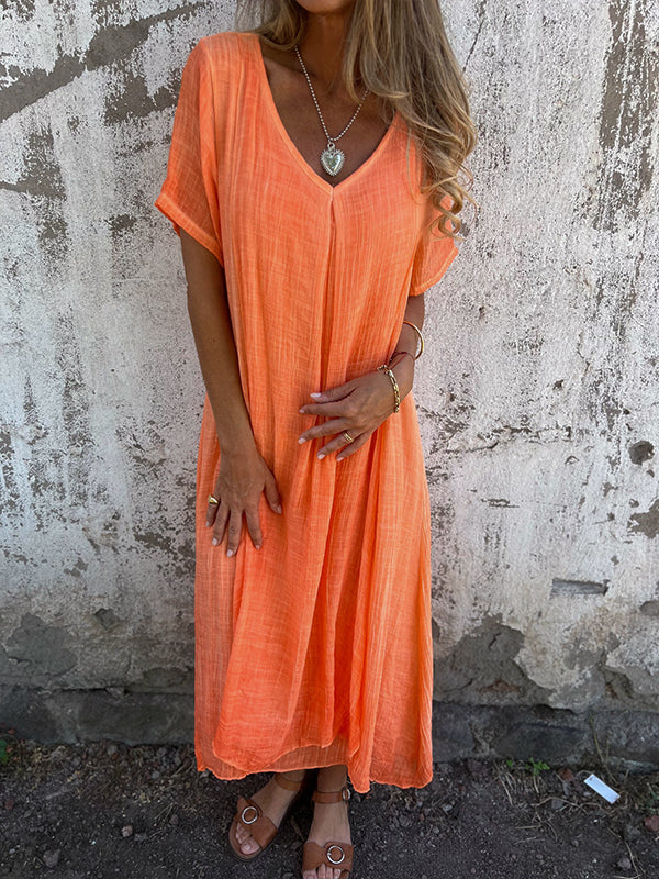 Damen Sommer Kurzen Ärmeln Maxi Leinenkleid mit V-Ausschnitt