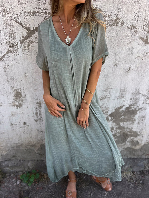 Damen Sommer Kurzen Ärmeln Maxi Leinenkleid mit V-Ausschnitt
