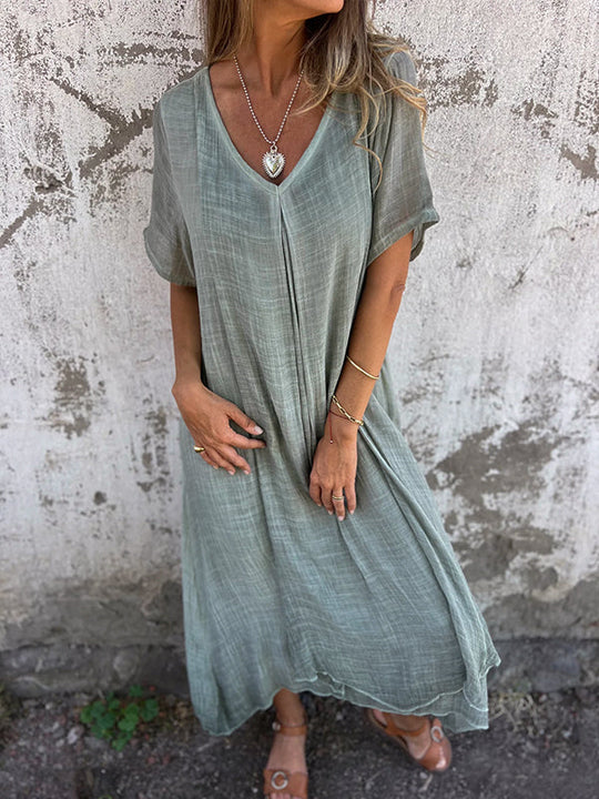 Damen Sommer Kurzen Ärmeln Maxi Leinenkleid mit V-Ausschnitt