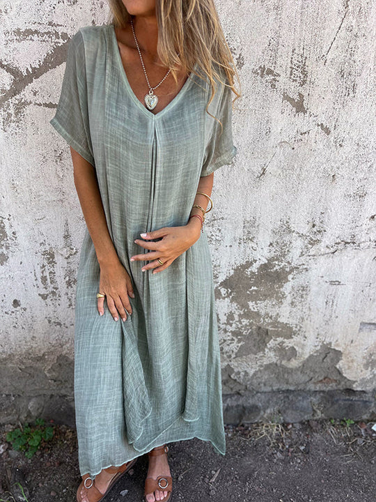 Damen Sommer Kurzen Ärmeln Maxi Leinenkleid mit V-Ausschnitt