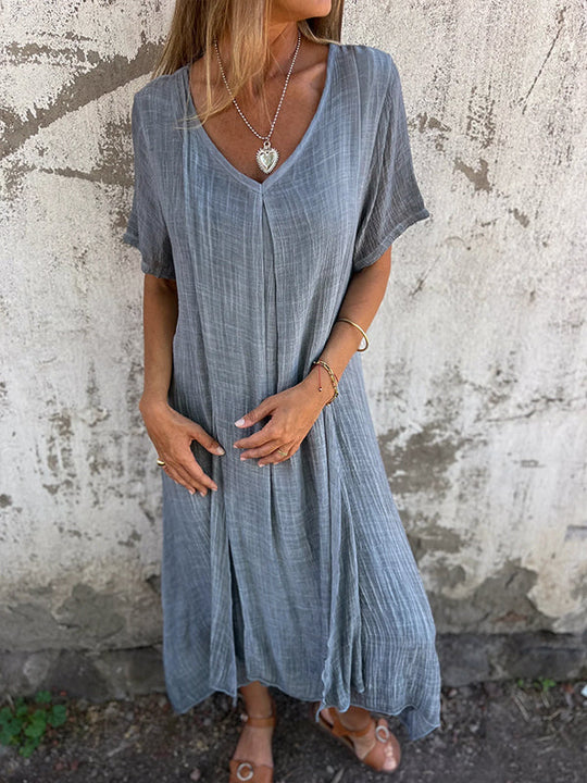 Damen Sommer Kurzen Ärmeln Maxi Leinenkleid mit V-Ausschnitt